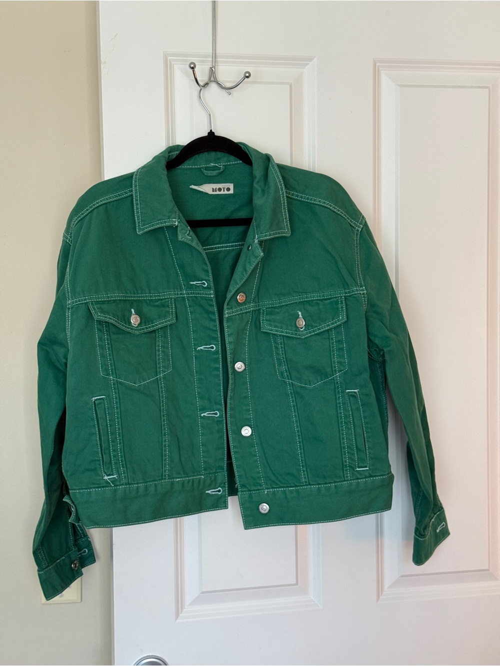 Topshop Forest Green Denim Cropped Jacket with White Contrast Stitching Size 8